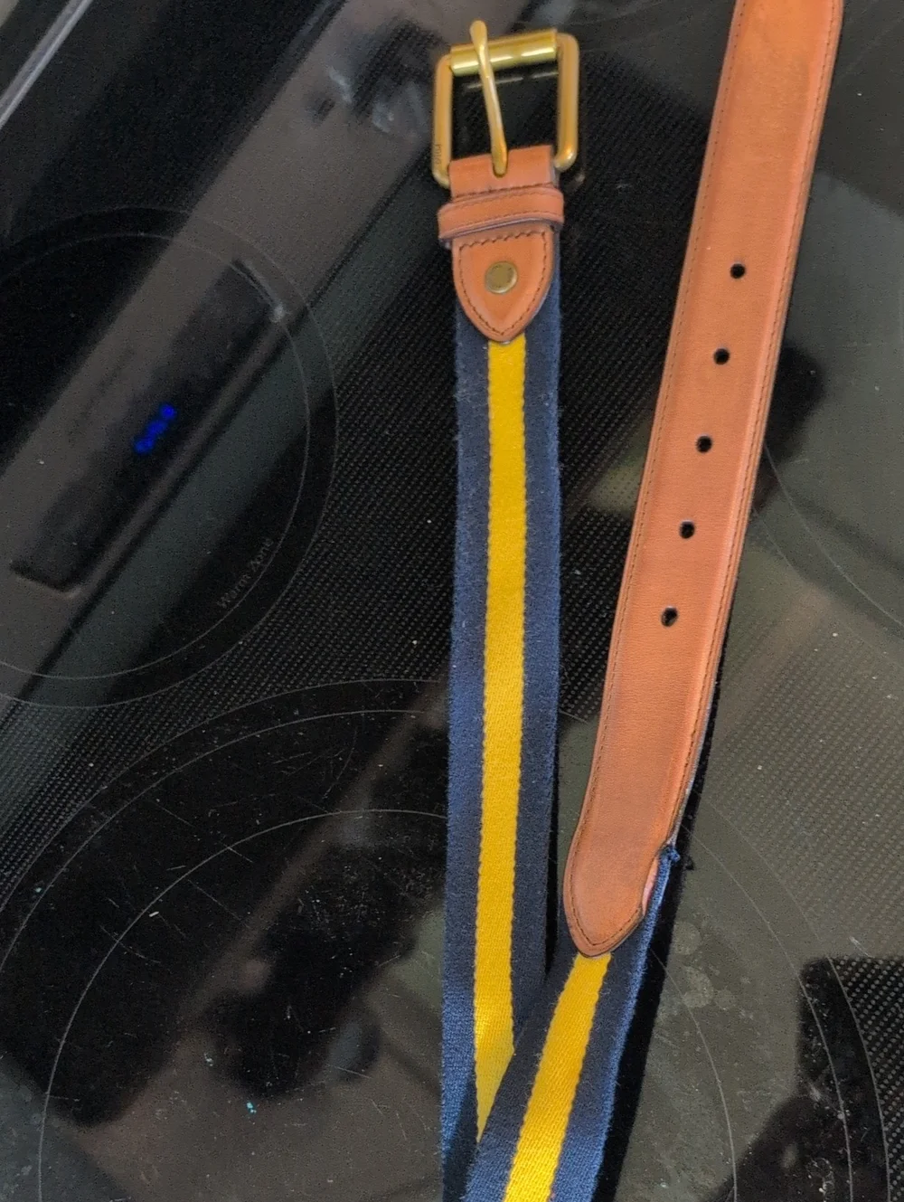 Polo Leather-Trim Navy and Yellow Stripe Men’s Adjustable Strap Belt 40